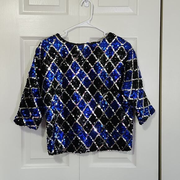Vintage Rothschild Blue Silver & Black Sequin Diamond Pattern 1/2 Sleeve Top SM - Picture 1 of 11
